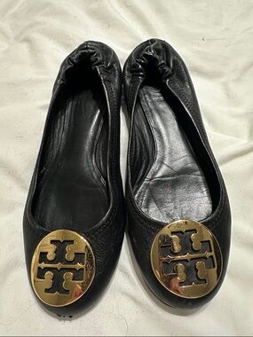 Tory Burch Black Leather Ballet Flats with Gold Logo Emblem